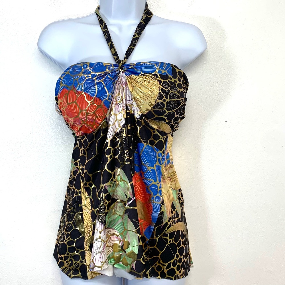 India Boutique Halter Tankini Top Large Gold Foil Floral Padded Stretch Boho